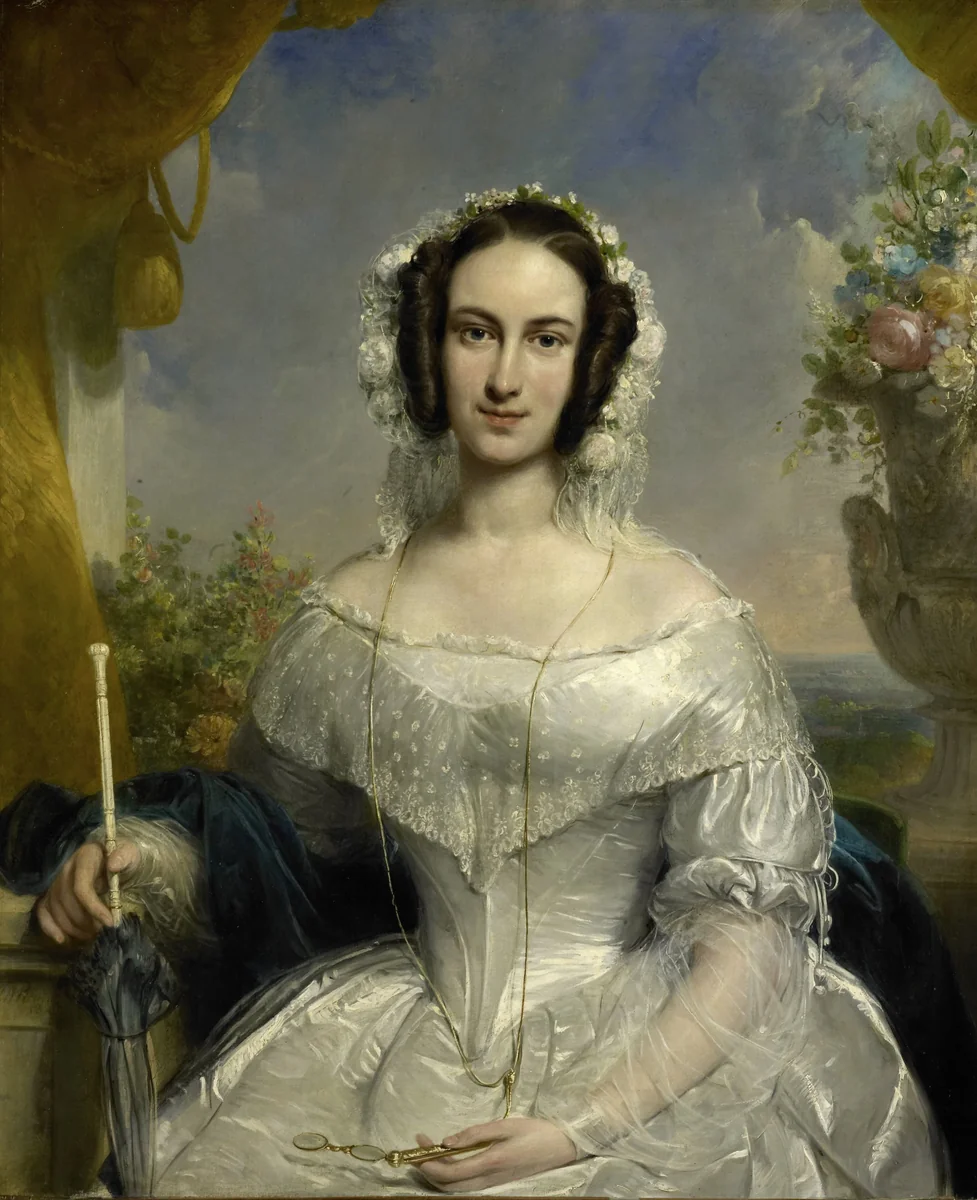 Agatha Petronella Hartsen (1814-78). In bruidstoilet ter gelegenheid van haar huwelijk met Jan van der Hoop op 17 maart 1841 by Jan Willem Pieneman, painting, 1841