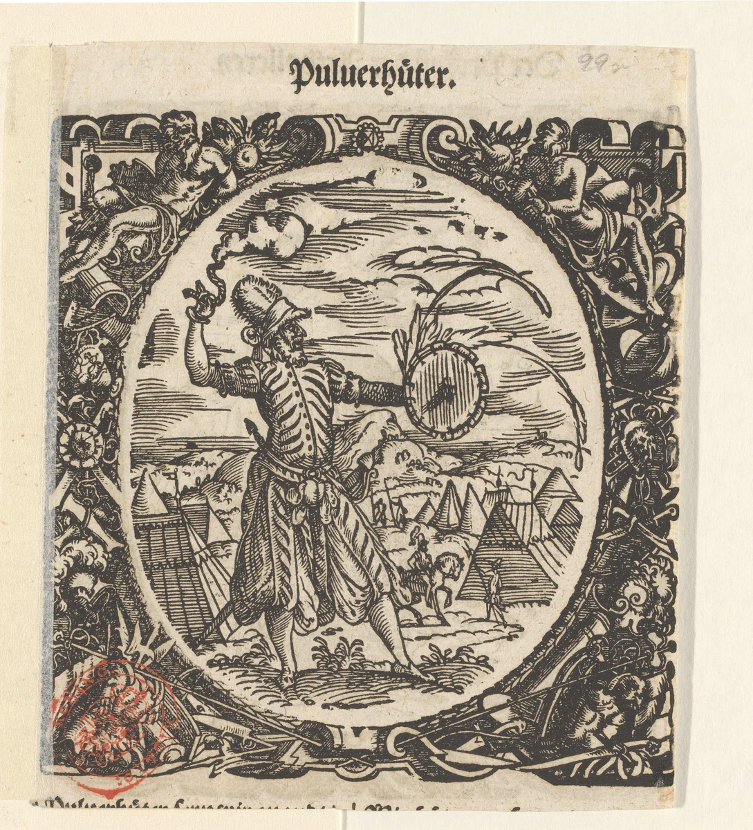 Kruitmeester met vuurwerk by Jost Amman, print, 1573