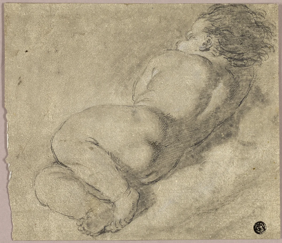 Reclining Child from Back by Annibale Carracci, drawing, 1600-1699