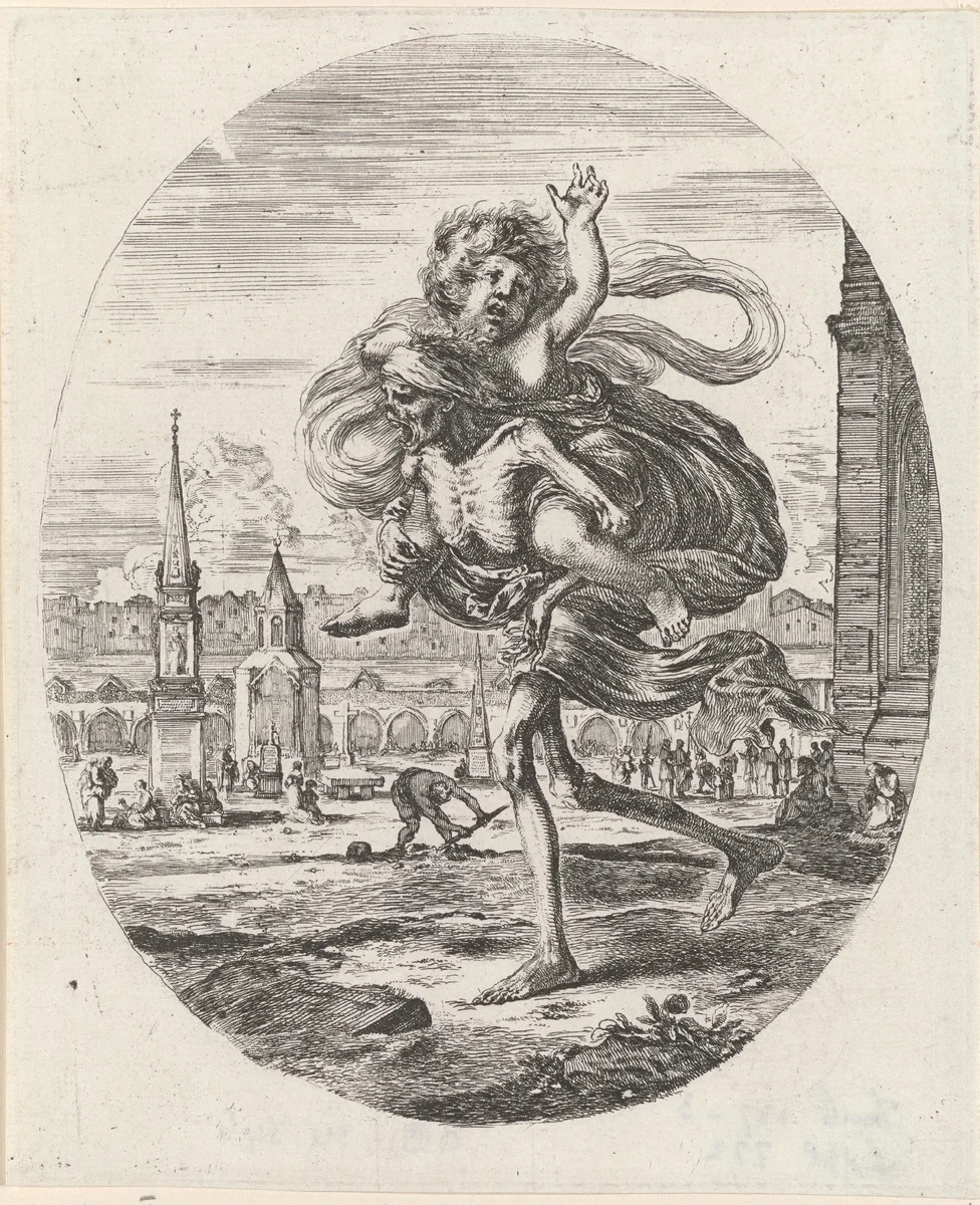 De Dood met kind op de rug by Stefano della Bella, print, 1620-1664