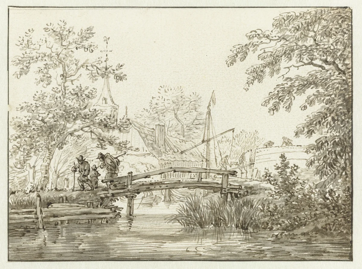 Landschap met een houten bruggetje by Allaert van Everdingen, drawing, 1631-1675