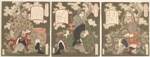 The Three Heroes of Shoku (Shu): Emperor Ryubi (Liu Fei) and His Friends Kwan-u (Kwan Yu) and Chohi (Chang Fei) by Yashima Gakutei (八島岳亭), print, 1800-1849