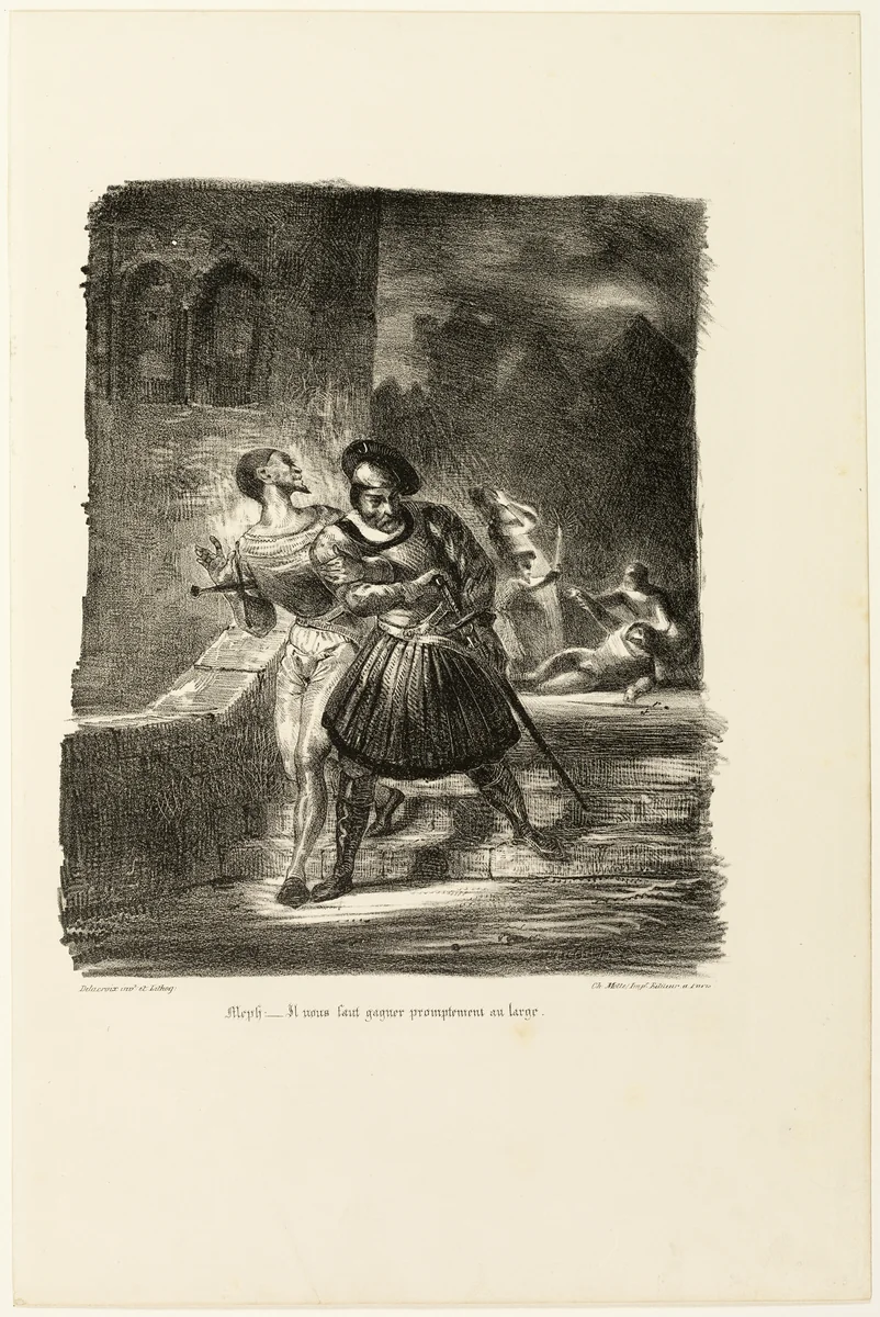 Mephistopheles and Faust Fleeing After the Duel, from Faust by Eugène Delacroix, print, 1828