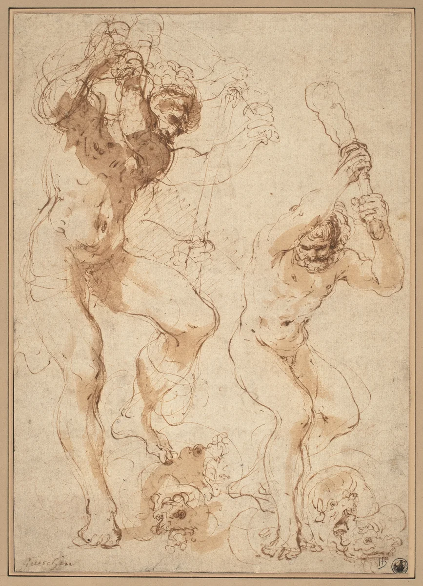 Hercules Slaying the Hydra by Guercino, drawing, 1613-1623