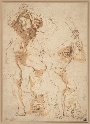 Hercules Slaying the Hydra by Guercino, drawing, 1613-1623