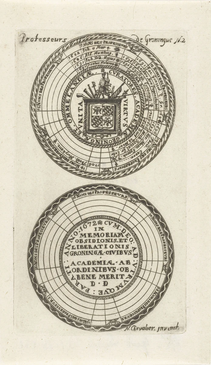 Zegels van de Universiteit van Groningen met namen van de hoogleraren en wapen by anonymous, print, 1706-1720