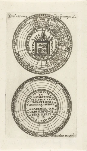 Zegels van de Universiteit van Groningen met namen van de hoogleraren en wapen by anonymous, print, 1706-1720