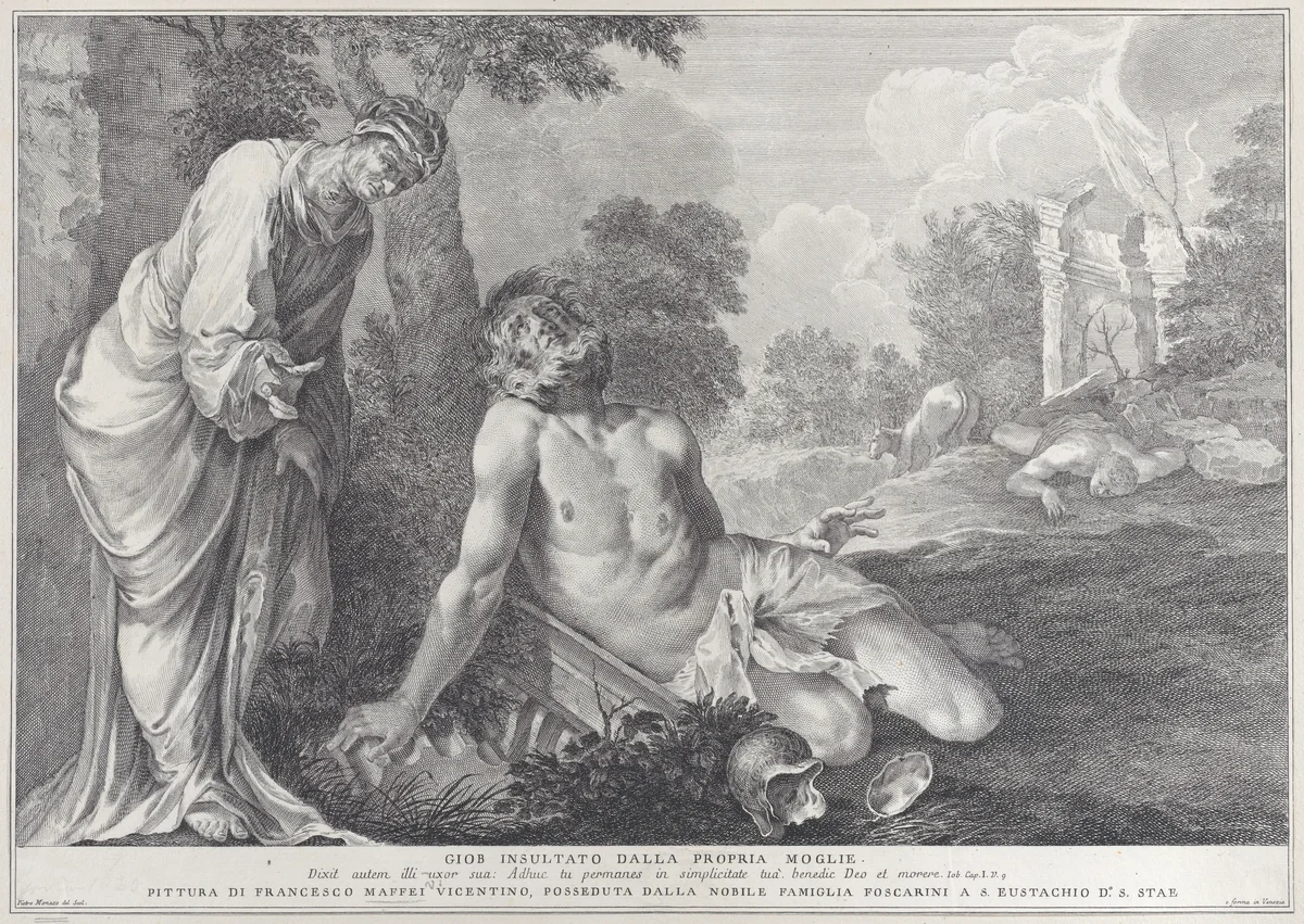 Job rebuked by his wife by Pietro Monaco, print, 1730-1739