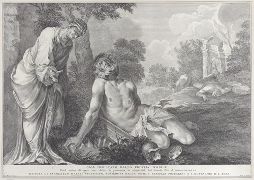 Job rebuked by his wife by Pietro Monaco, print, 1730-1739