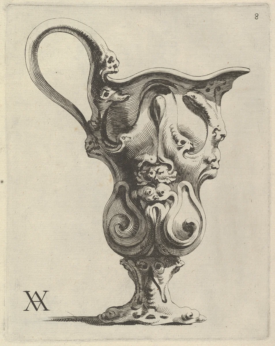 Plate 8, from "Modelli Artificiosi di Vasi diversi d'argento et altre Opere capriciozi (...), Parte prima" by Theodor van Kessel, book, 1646-1652