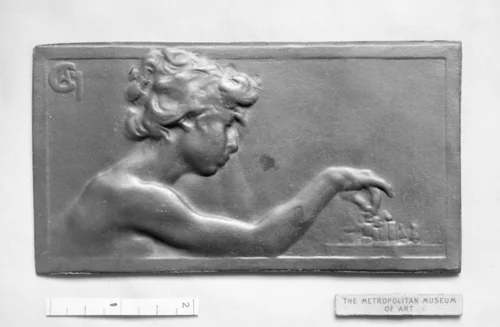 Nude bust of a girl playing chess (Les Echecs) (one of a pair of designs for the lids of playing cards or chessmen) by Alexandre-Louis-Marie Charpentier, metalwork, 1885-1899