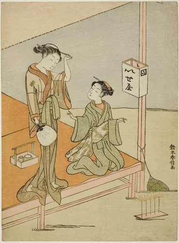 A Courtesan and Her Attendant at the Riverside Teahouse Iseya by Suzuki Harunobu (鈴木春信), print, 1763-1770