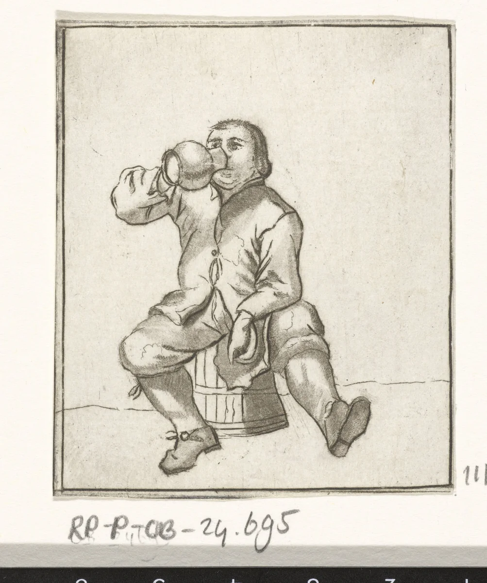 Drinkende man zittend op een ton by Cornelis Ploos van Amstel, print, 1736-1798