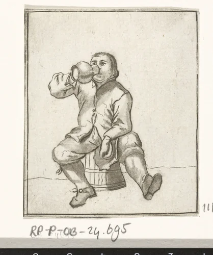 Drinkende man zittend op een ton by Cornelis Ploos van Amstel, print, 1736-1798