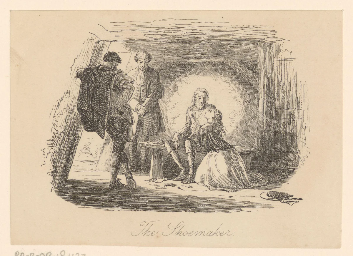Lucie Manette ontdekt haar vader Alexandre op een zolderkamer by Hablot Knight Browne, print, 1859