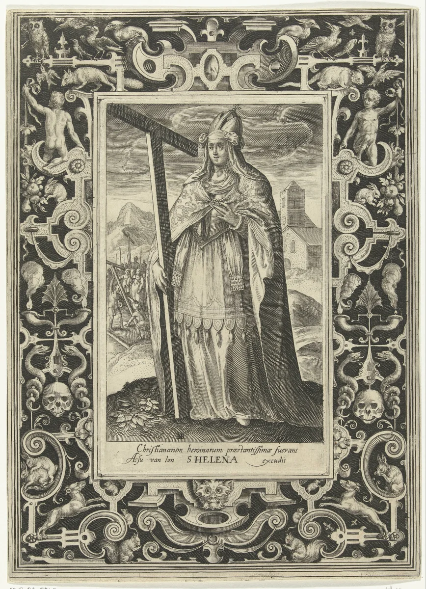 Heilige Helena met het Ware Kruis in omlijsting met ornamenten by Unknown, print, 1581-1656