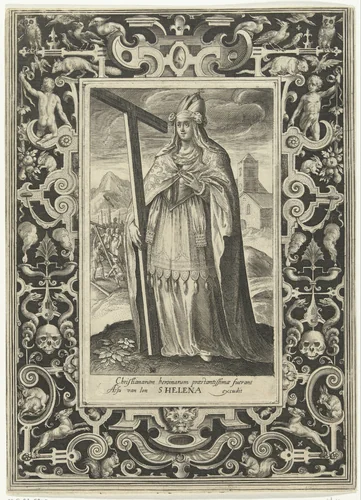 Heilige Helena met het Ware Kruis in omlijsting met ornamenten by Unknown, print, 1581-1656