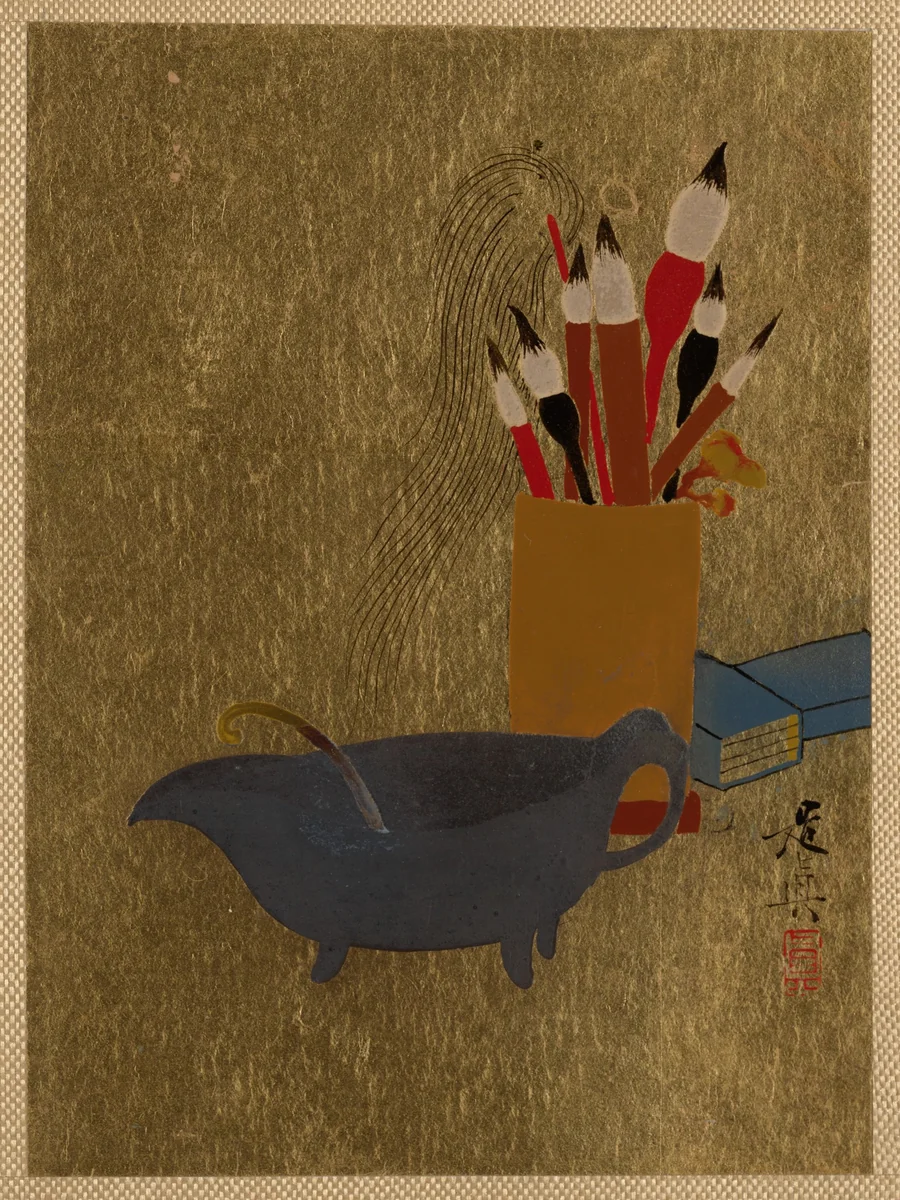 Kettle and Box with Paint Brushes by Shibata Zeshin (柴田是真), painting, 1882