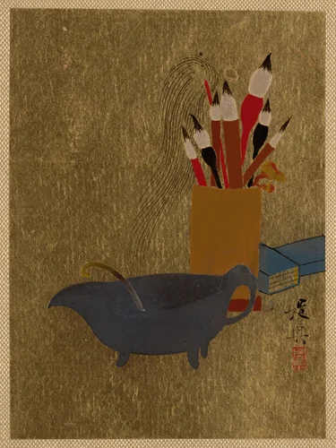 Kettle and Box with Paint Brushes by Shibata Zeshin (柴田是真), painting, 1882