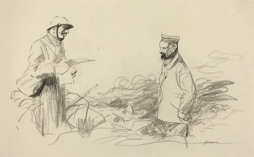 Poilu Acknowledging German Soldier by Jean-Louis Forain, drawing, 1918