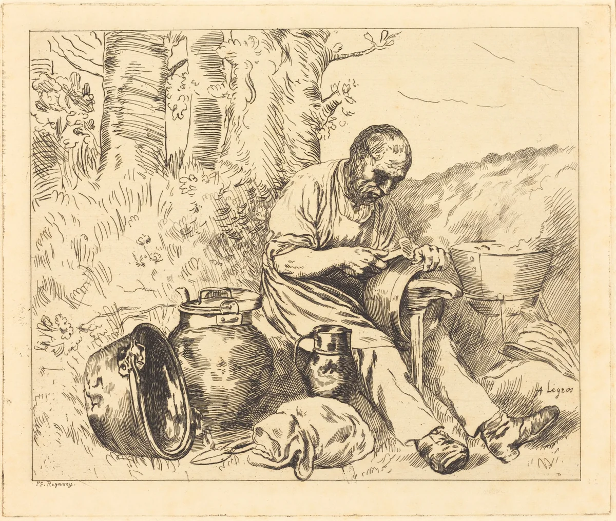 The Tinker (Le retameur) by Felix Régamey; Alphonse Legros, print, 1844-1907