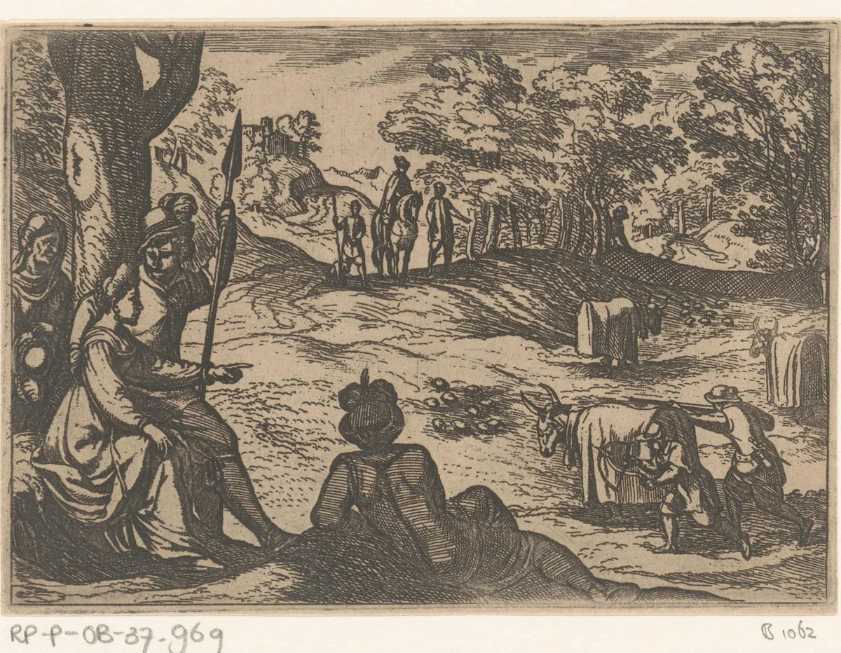Jagers besluipen etende vogels by Antonio Tempesta, print, 1598