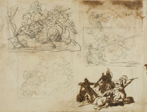 Four Sketches for a Cavalry Battle by Jean Louis André Théodore Géricault, drawing, 1813-1814