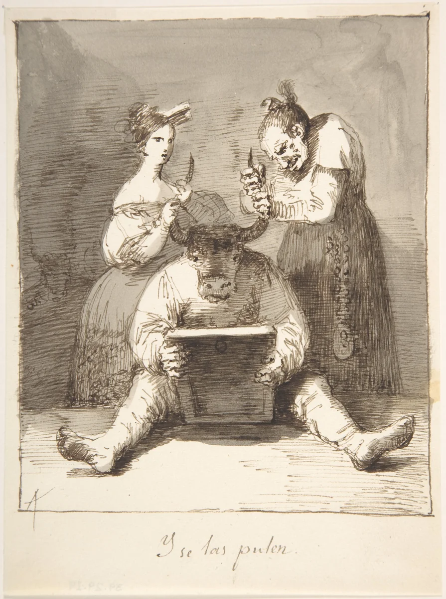 They are Polishing Him Up (Y se las pulen) by Leonardo Alenza, drawing, 1807-1845