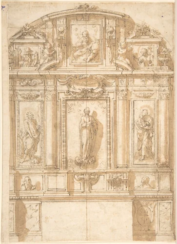 Design for an Altar with the Virgin of the Immaculate Conception in the Center by anonymous, drawing, 1600-1700