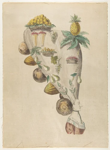 Fantastic Hairdresses with Fruit and Vegetable Motifs by anonymous, drawing, 1700-1799