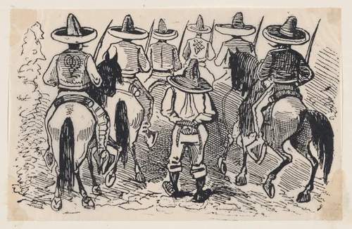 A group of Zapata followers on horseback from a broadside entitled 'Most wonderful miracle by the intercession of Our Most Blessed Lady of Perpetual Help worshipped in Cholula' by José Guadalupe Posada, print, 1905-1915