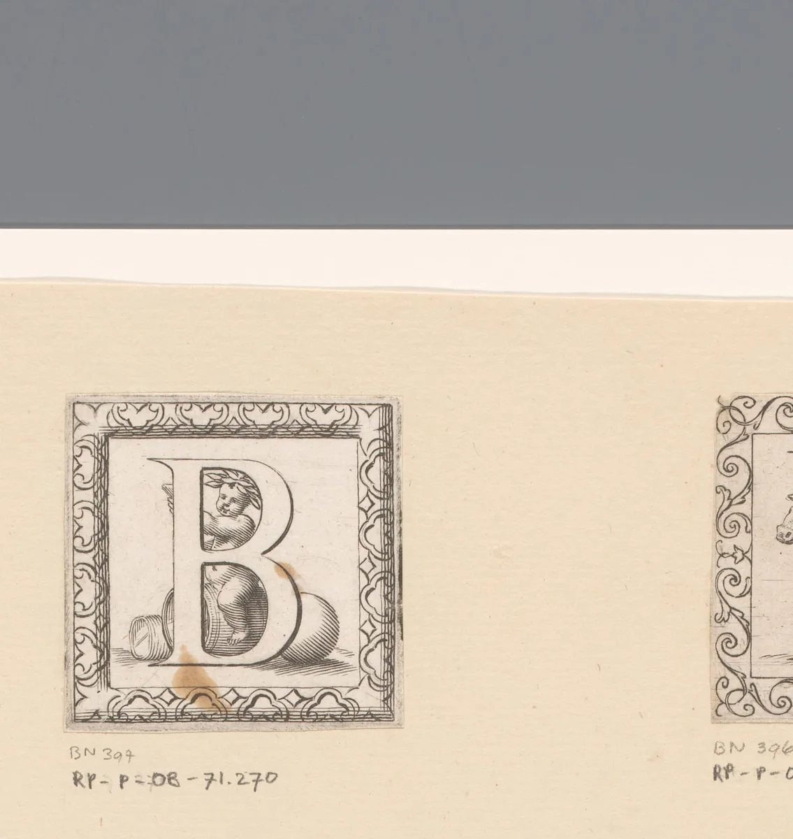 Letter B met jonge bacchant by Claude Mellan, print, 1639-1643