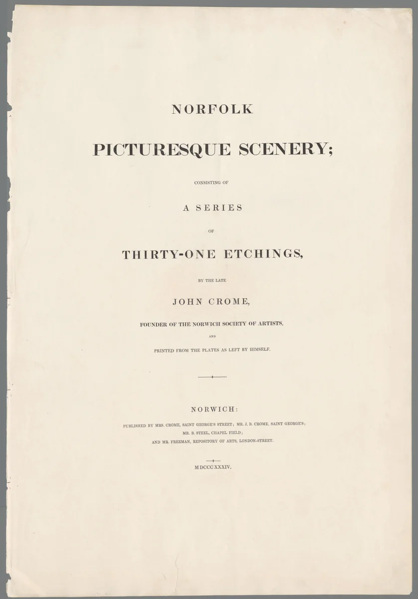 Titelprent voor: John Crome, Norfolk Picturesque Scenery (...), 1834 by anonymous, print, 1834