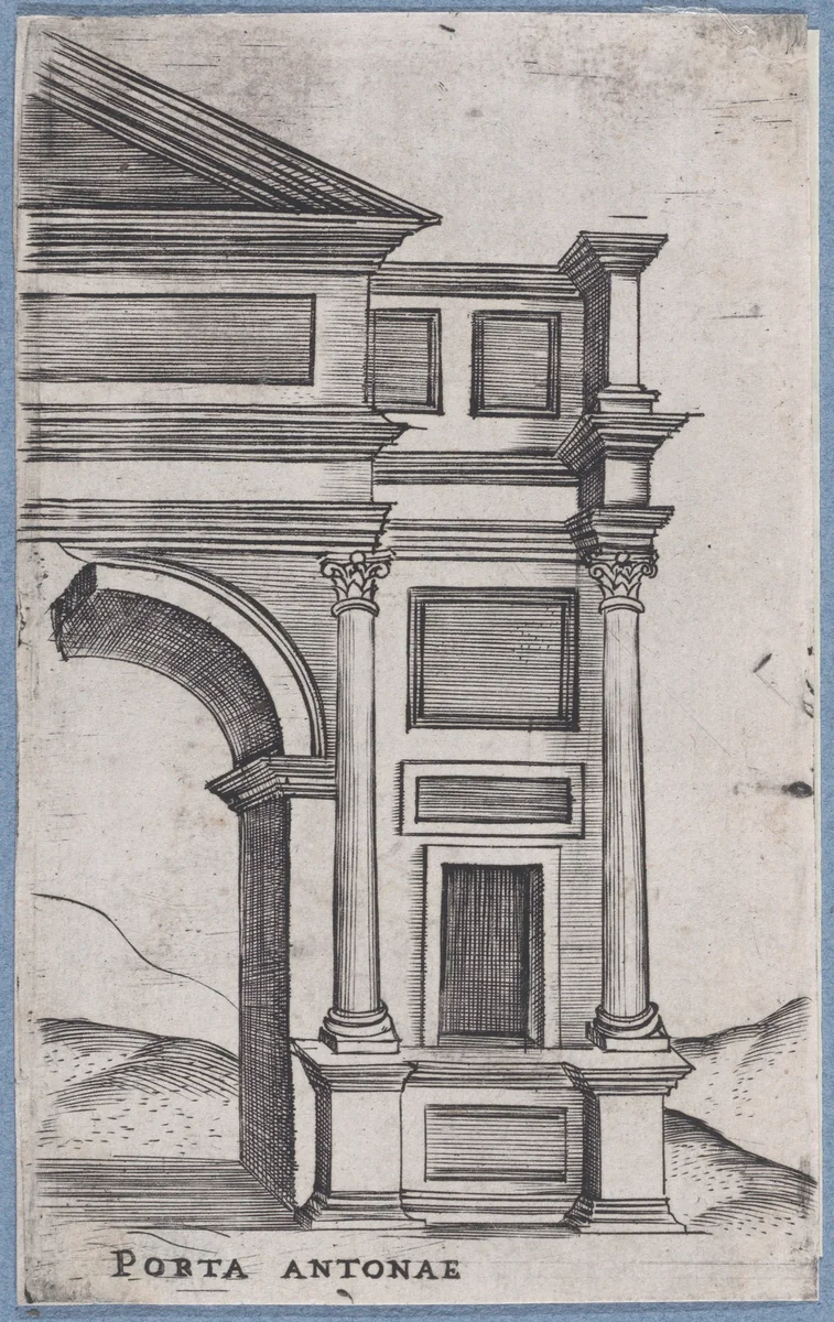 Porta Antonae, from "Views of Ancient Roman Temples and Arches" by anonymous, print, 1535-1540