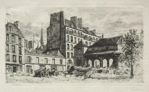 Marché aux veaux en demolition by Alfred Alexandre Delauney, print, 1870-1894