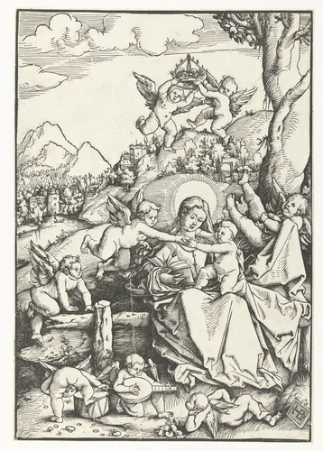 Maria met kind met acht engeltjes in een landschap by Unknown, print, 1509-1513