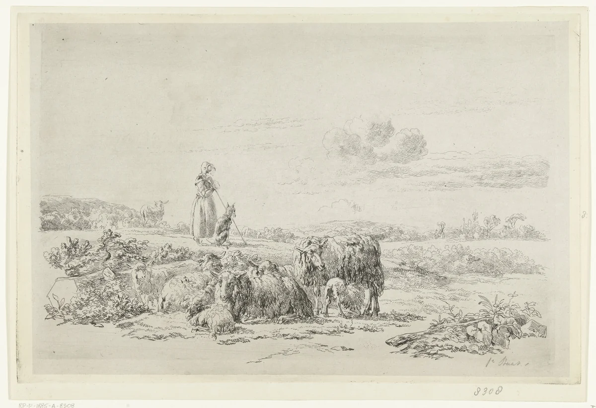 Landschap met herderin en hond bij kudde schapen by Simon van den Berg, print, 1822-1885