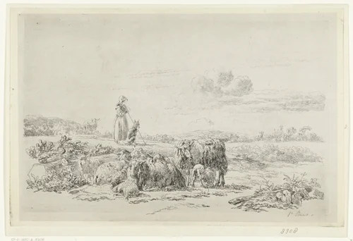 Landschap met herderin en hond bij kudde schapen by Simon van den Berg, print, 1822-1885