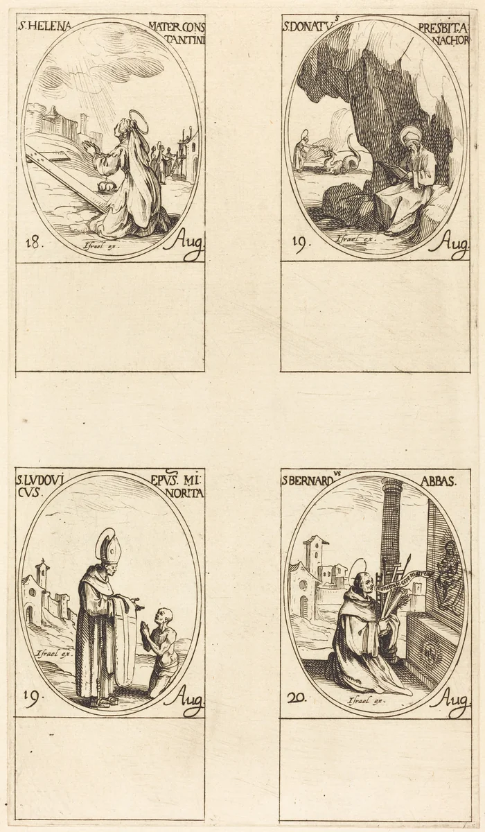 St. Helen; St. Donatus; St. Ludovicus, Bishop; St. Bernard by Jacques Callot, print, 1627-1637