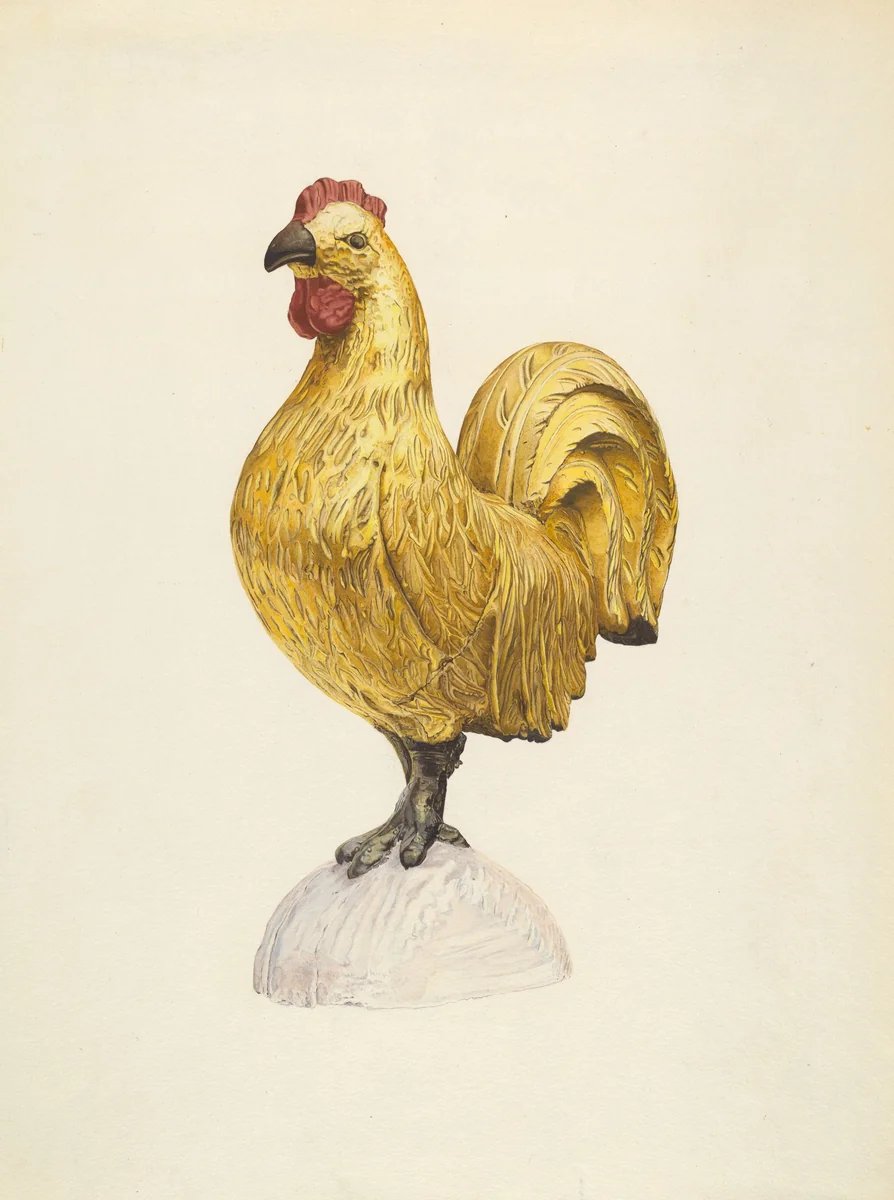 Gilded Wooden Rooster by Karl Hentz, index of american design, 1935-1942