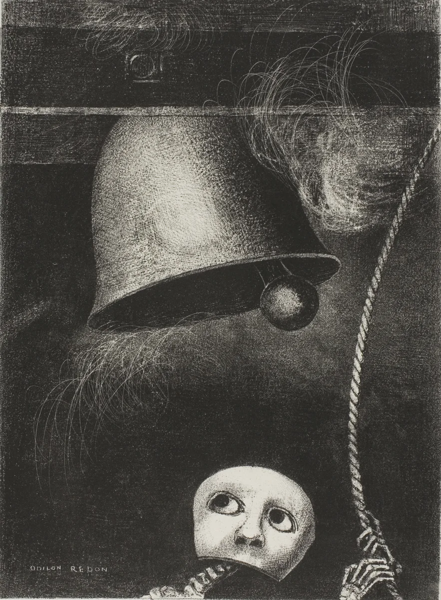 A Mask Sounds the Funeral Knell, plate three from To Edgar Poe by Odilon Redon, print, 1882