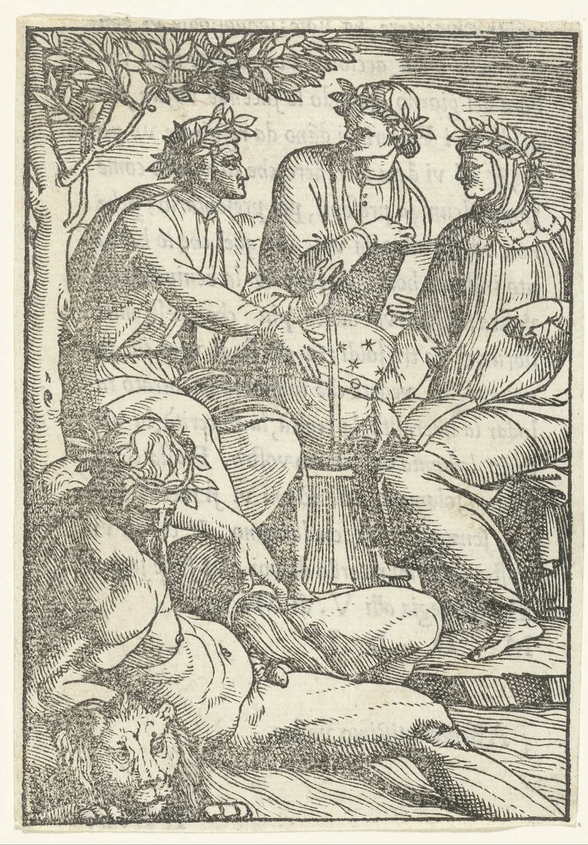 Drie geleerden en een riviergod by anonymous, print, 1500-1551