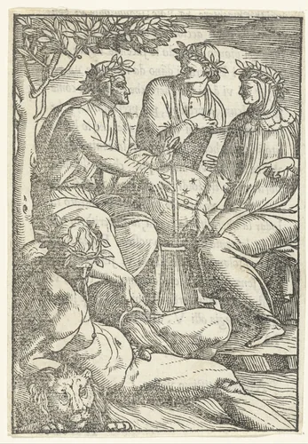 Drie geleerden en een riviergod by anonymous, print, 1500-1551