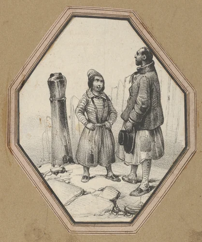 Child staring up at a man by Victor Adam, print, 1820-1866