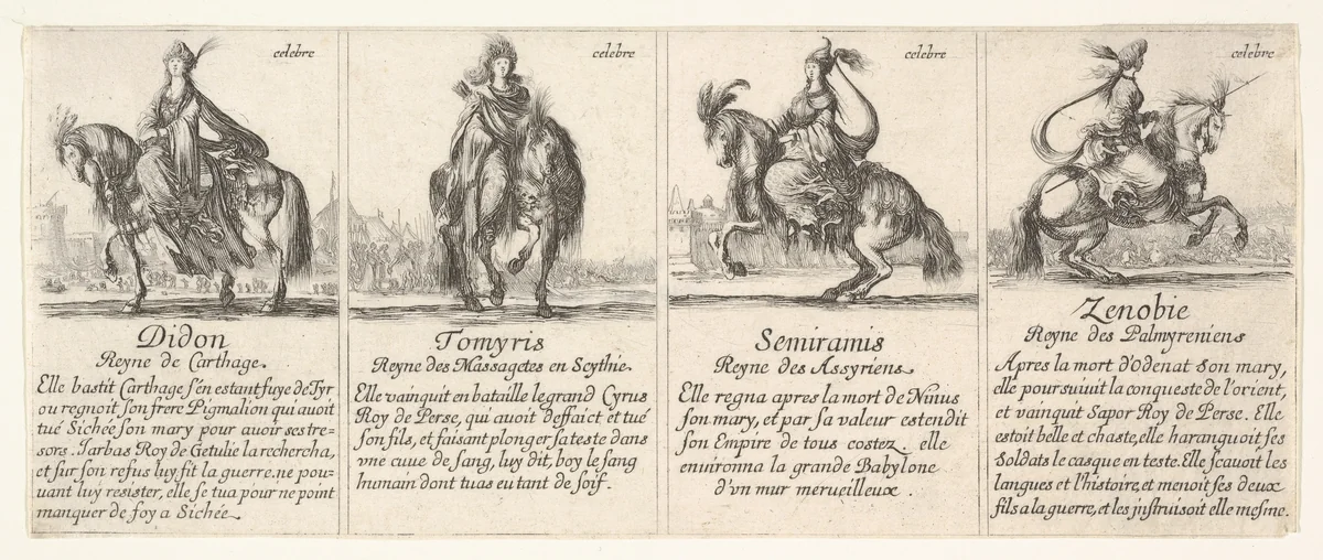 Didon, Tomyris, Semiramis, and Zenobie, from "The Game of Queens" (Le Jeu des Reines Renommées) by Stefano della Bella, print, 1644