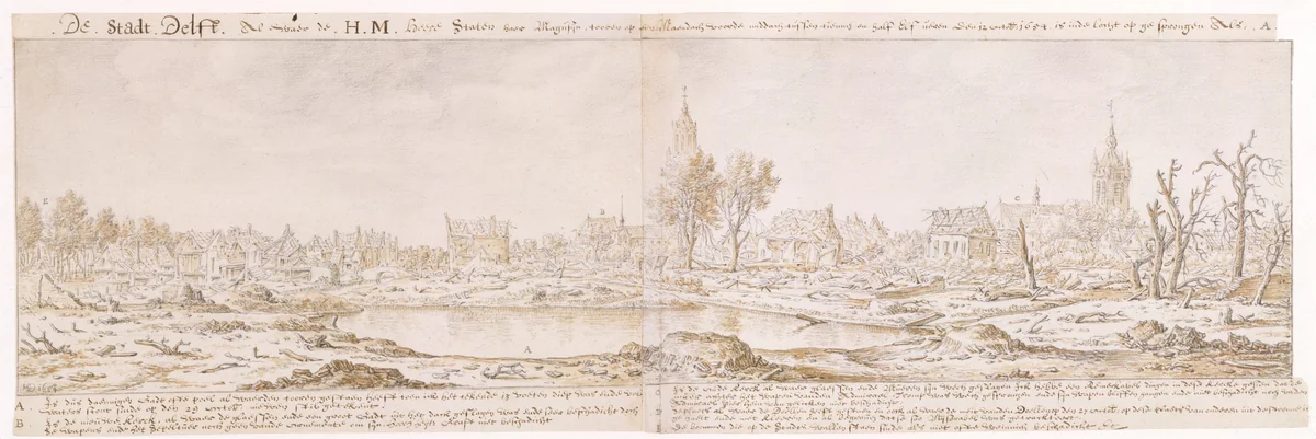 View of Delft after the Explosion of the Gunpowder Arsenal on October 12, 1654 by Herman Saftleven II, drawing, 1620-1685