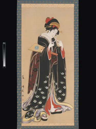 Woman with Battledore and Shuttlecock by Torii Kiyotomo, painting, 1815-1820