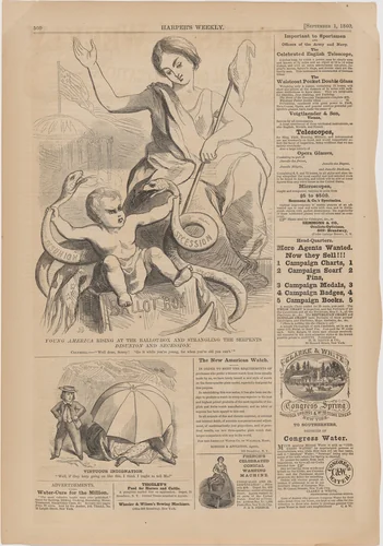 Young America Rising at the Ballot-Box and Strangling the Serpents: Disunion and Secession by Winslow Homer, print, 1860