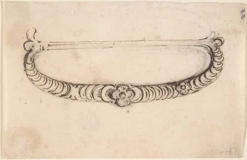 Design for a Metal Bag or Purse Handle with Stacked Coin Motif and Central Rosette by anonymous, drawing, 1600-1699