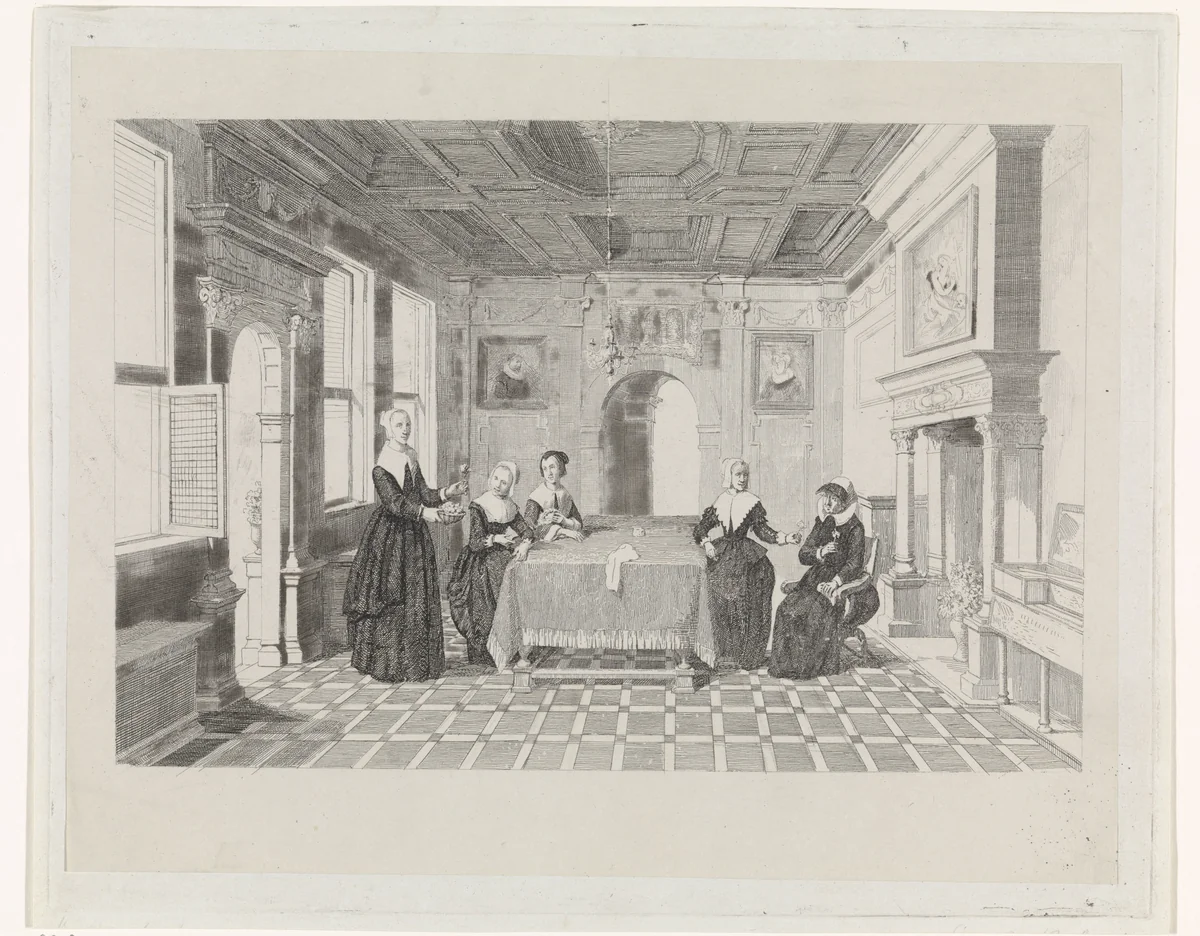 Vrouwen met bloemen in een vertrek by David van der Kellen, print, 1837-1883